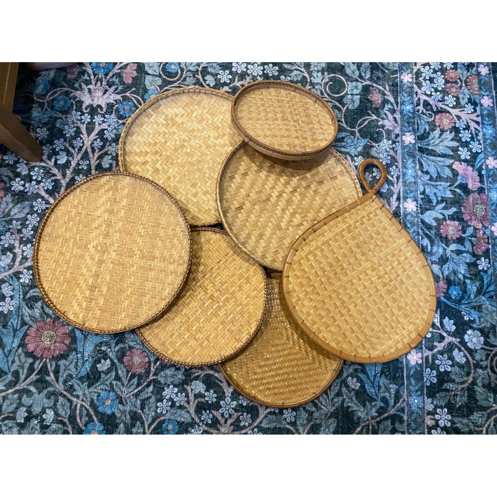 Vintage Woven Bamboo Wall Basket Decor Set of 7 Boho Flat Trays Handwoven